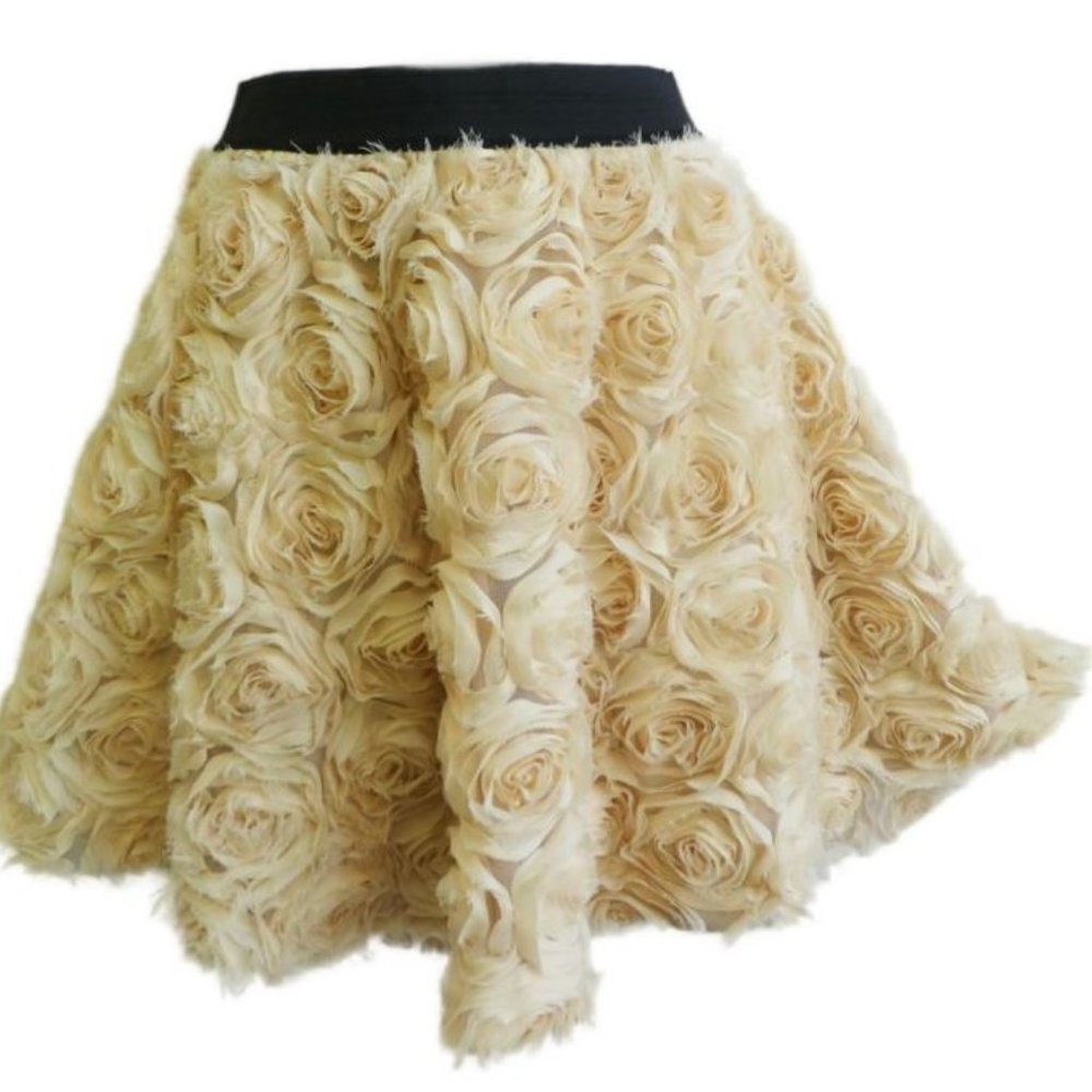 Free People Mini Skirt Ivory 3D Rosettes Flowy Black Elastic Waistband Flexible